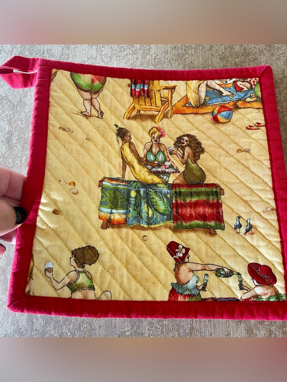 Handmade Potholder “Fruit Ladies" by Mary Stewart Beach Red Yellow Kitch Retro